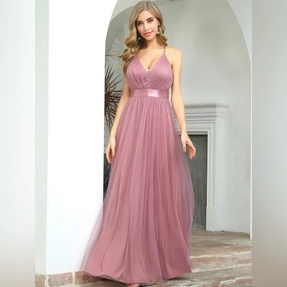 dusty pink a line dress BABARONI V-neck Spaghetti Straps Ruffles Chiffon A-line Dress Dusty Rose Plus Size, Dusty Rose / US18 main image 0